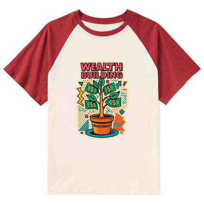 Money tree growing from investment pot - financial independence journey, - Contrast Raglan T-shirt - Red