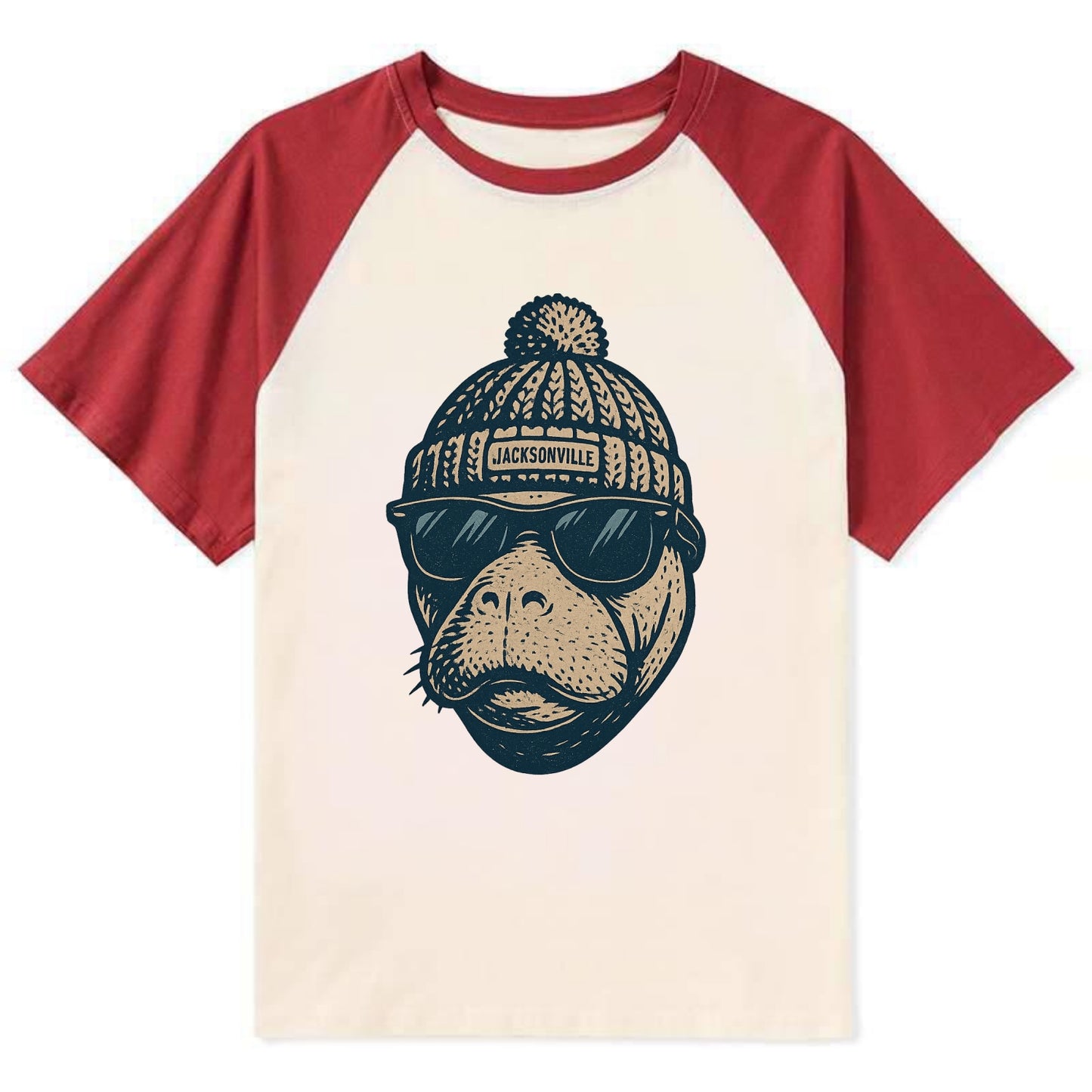 Jacksonville Manatee wearing Jacksonville beanie with pom pom and - Contrast Raglan T-shirt - Red