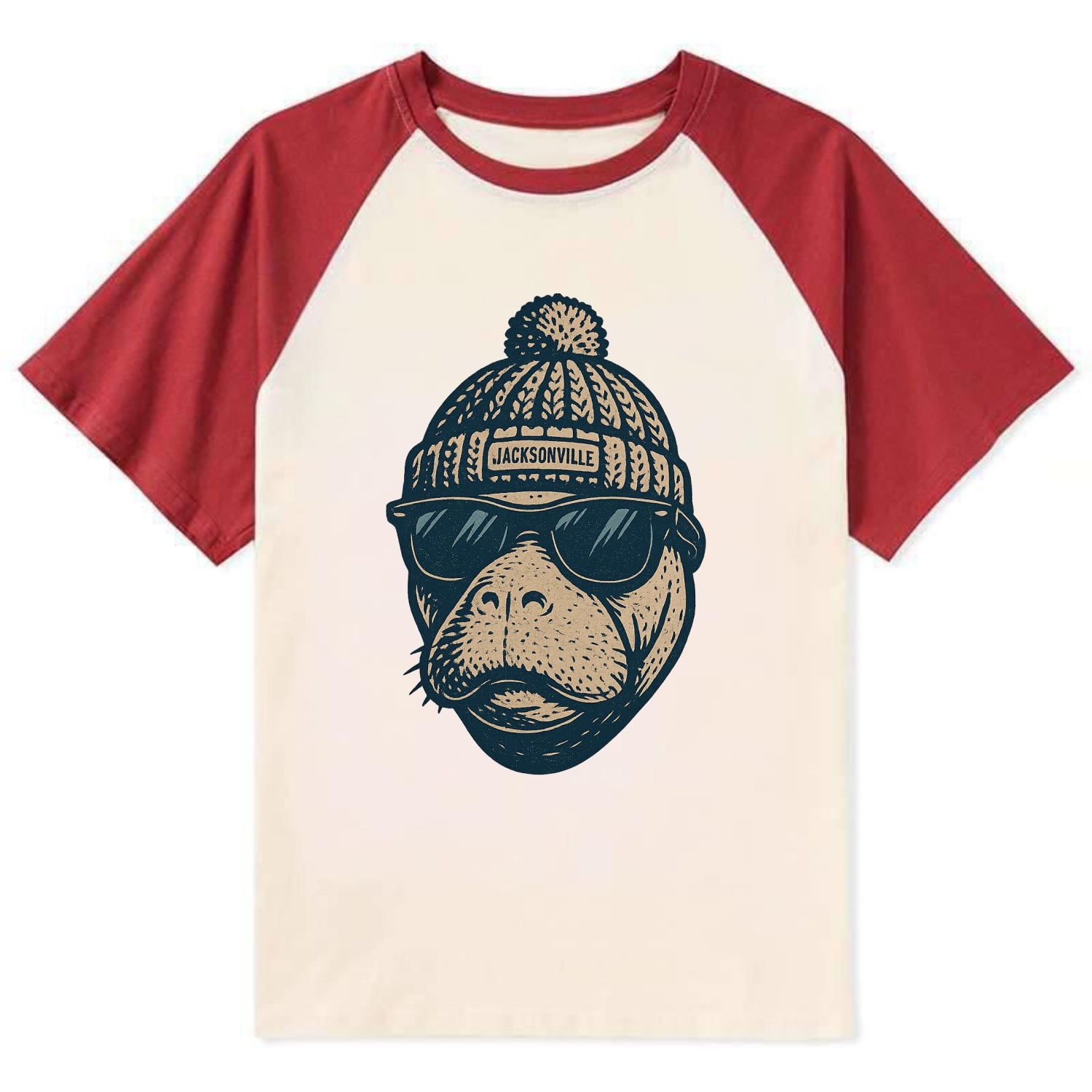 Jacksonville Manatee wearing Jacksonville beanie with pom pom and - Contrast Raglan T-shirt - Red