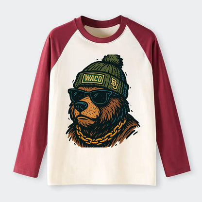 Waco Bear wearing Baylor beanie with BU patch - Raglan Long Sleeve T-Shirt - Red