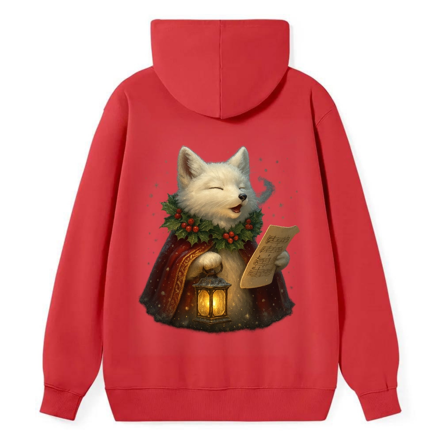 Snowbound Arctic Fox Caroler  - Classic Pullover Hoodie - Red
