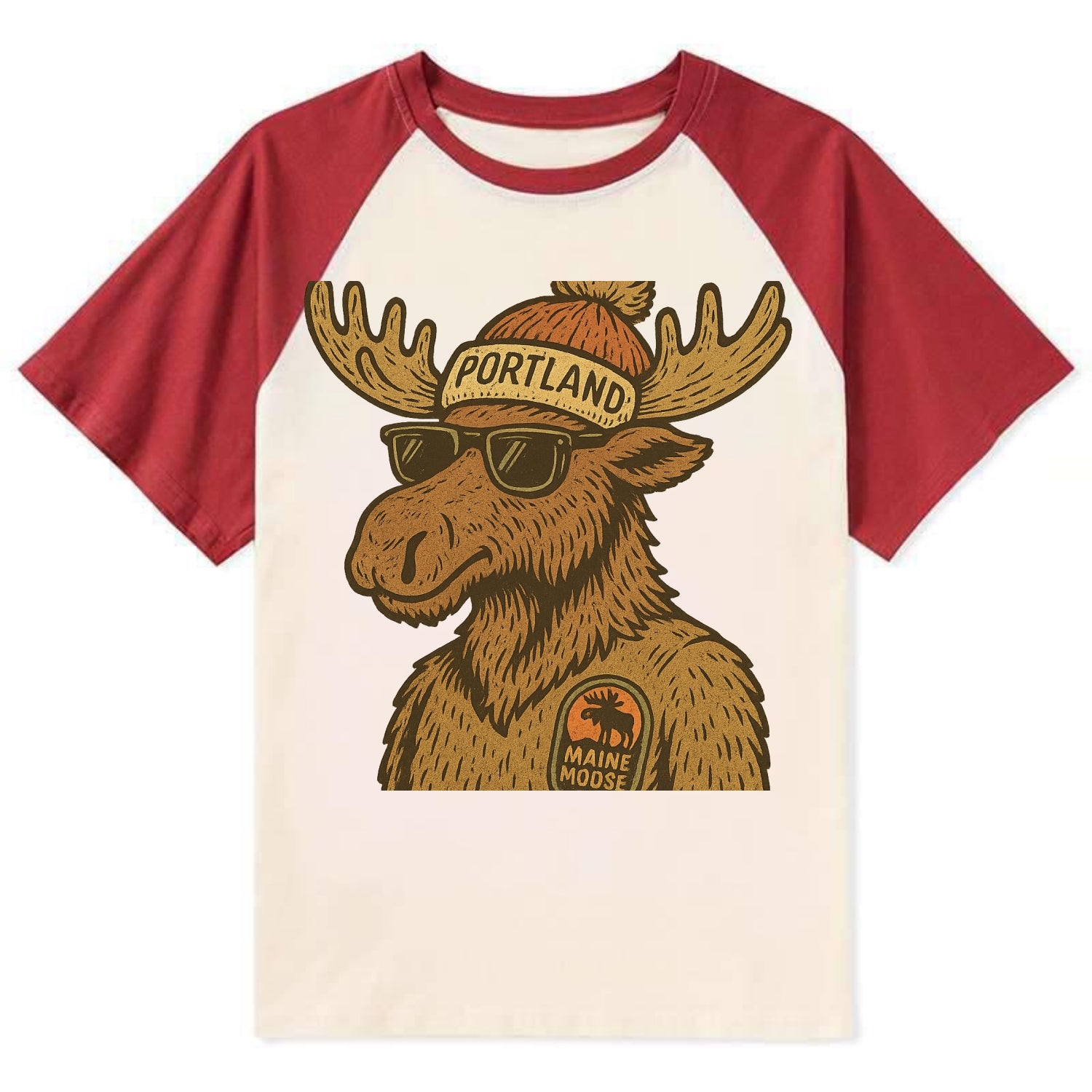 Maine Moose wearing Portland beanie with pom pom and wayfarer sunglasses - Contrast Raglan T-shirt - Red