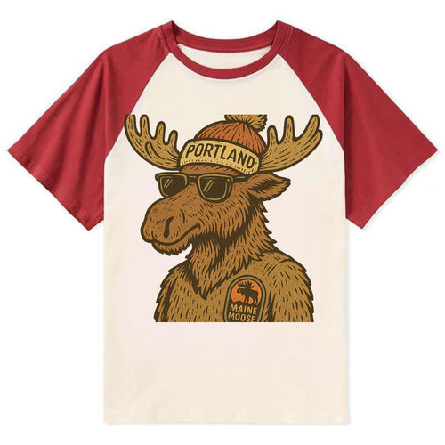 Maine Moose wearing Portland beanie with pom pom and wayfarer sunglasses - Contrast Raglan T-shirt