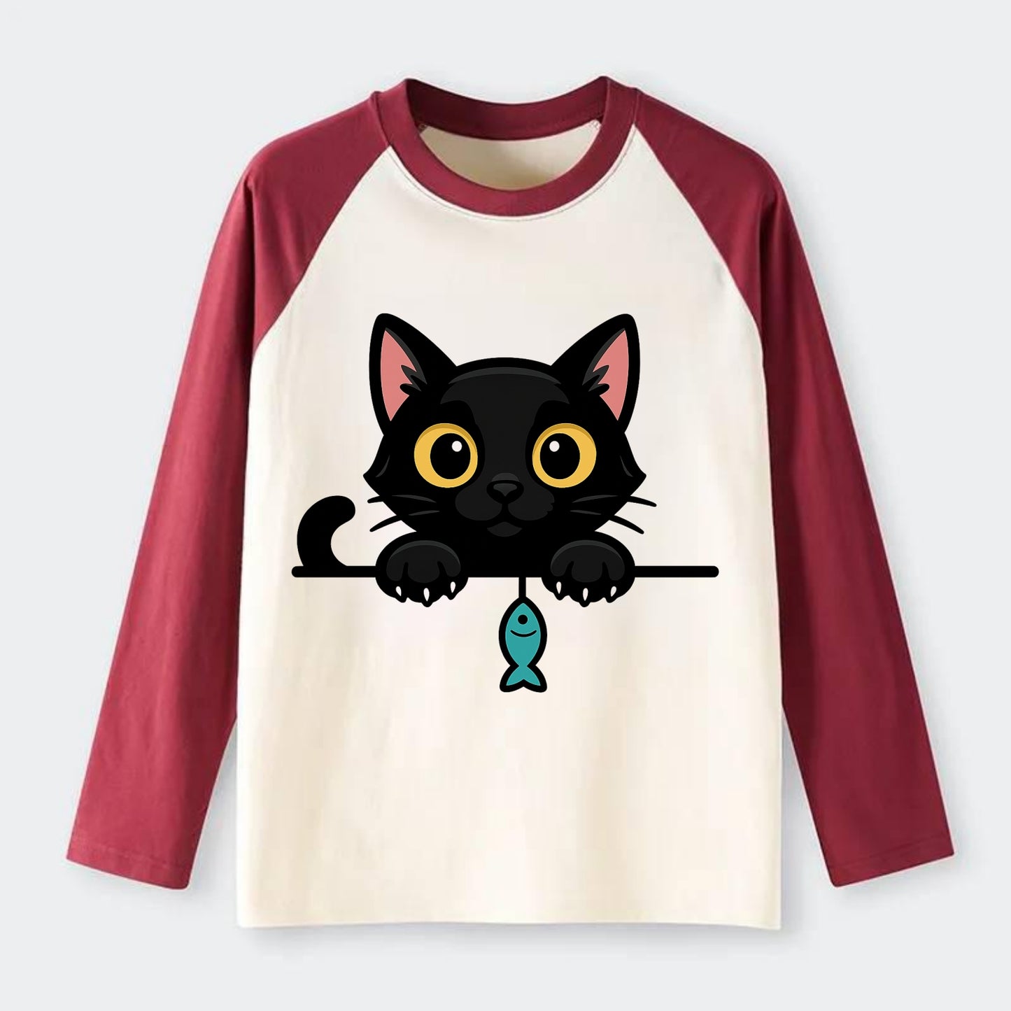 Midnight the black cat holding a tiny yarn ball between both paws - Raglan Long Sleeve T-Shirt - Red