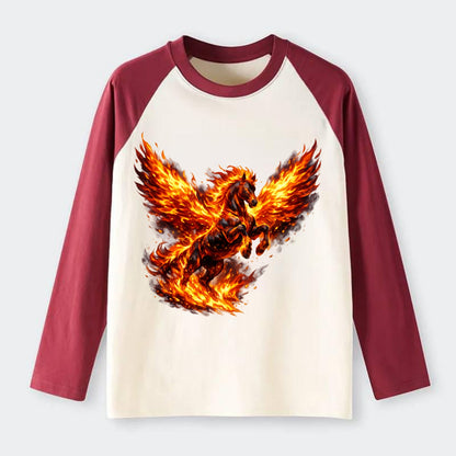 PHOENIX FIRE HORSE | Horse emerging from flames like phoenix | Rebirth - Raglan Long Sleeve T-Shirt - Red