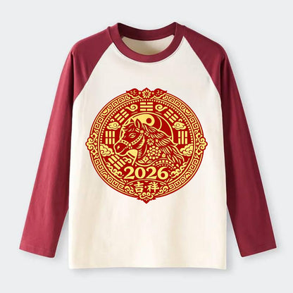 LUCKY HORSE MEDALLION | Circular medallion with horse profile | - Raglan Long Sleeve T-Shirt - Red