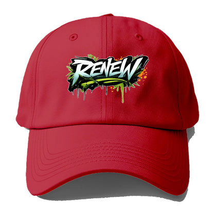 Bold typography design - "RENEW" - starting fresh, regenerating - Baseball Cap - Red