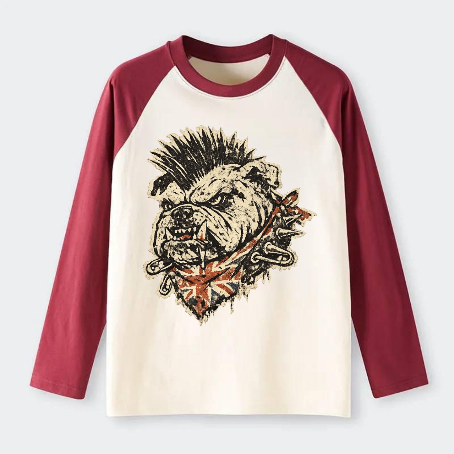 PUNK BULLDOG | British bulldog with mohawk | Safety pins through - Raglan Long Sleeve T-Shirt - Red