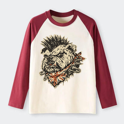 PUNK BULLDOG | British bulldog with mohawk | Safety pins through - Raglan Long Sleeve T-Shirt - Red