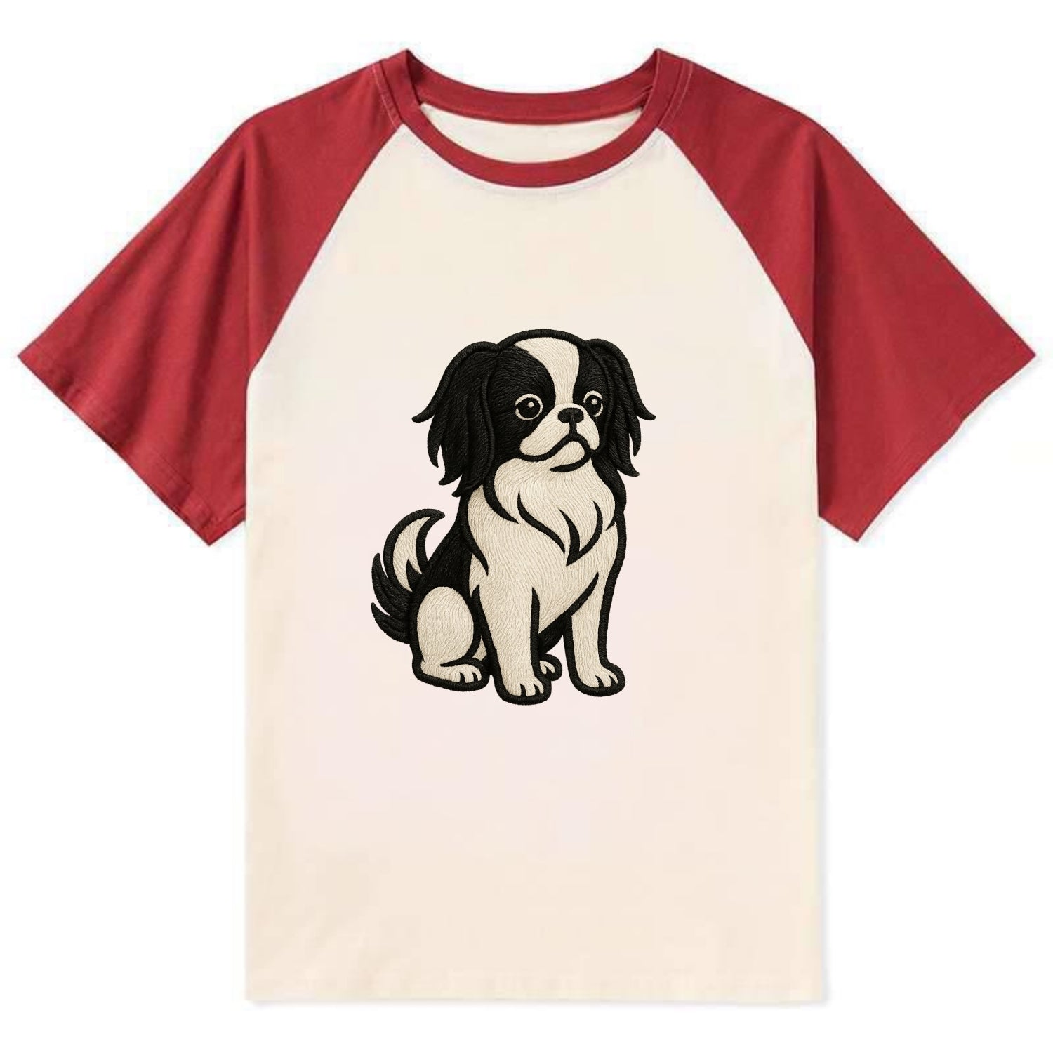 Japanese Chin - Black and white sitting Contrast Raglan T-shirt - Red