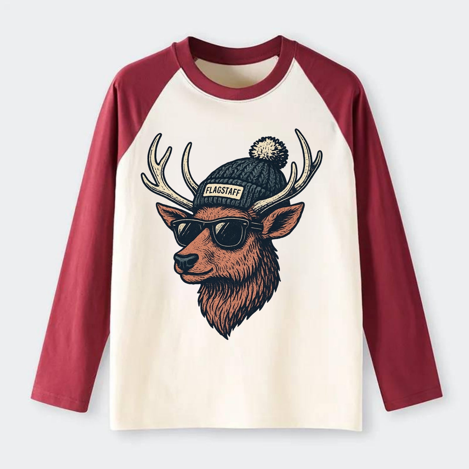 Flagstaff Elk wearing Flagstaff beanie with pom pom and wayfarer - Raglan Long Sleeve T-Shirt - Red