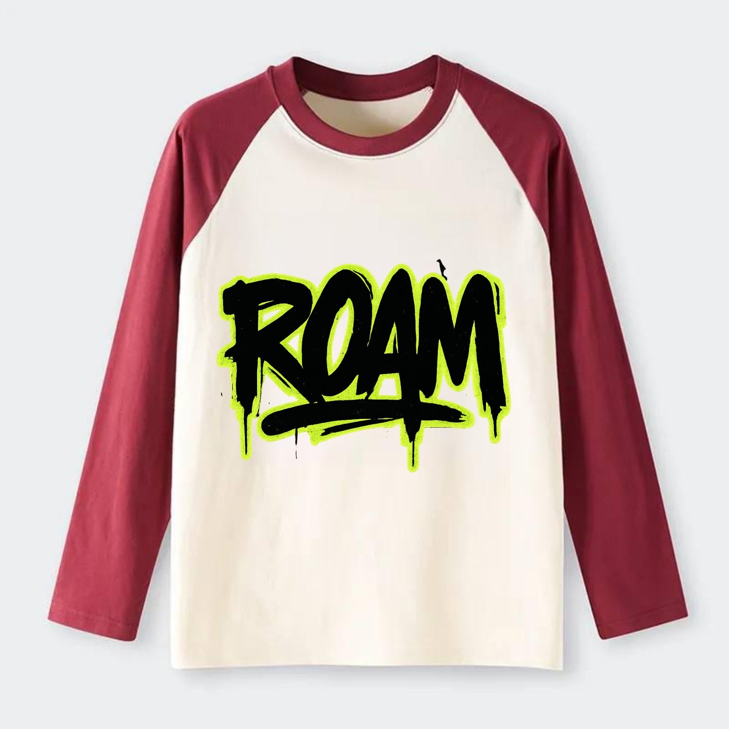 Bold typography design - "ROAM" - wander freely, no destination needed - Raglan Long Sleeve T-Shirt - Red