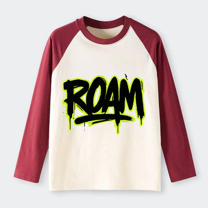 Bold typography design - "ROAM" - wander freely, no destination needed - Raglan Long Sleeve T-Shirt - Red