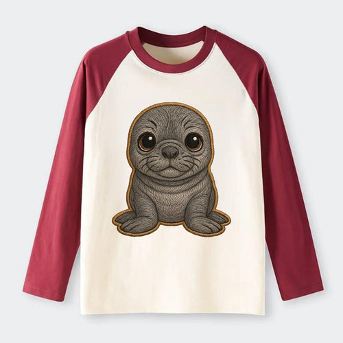 Baby Elephant Seal - gray wrinkly, tiny trunk nose, big dark eyes, - Raglan Long Sleeve T-Shirt