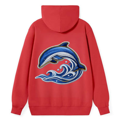 Embroidered patch design - SWIMMING DOLPHIN - diving dolphin with waves - Classic Pullover Hoodie - Red