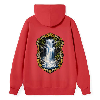 WATERFALL CASCADE - falling water with mist in blue and white , nature - Classic Pullover Hoodie - Red