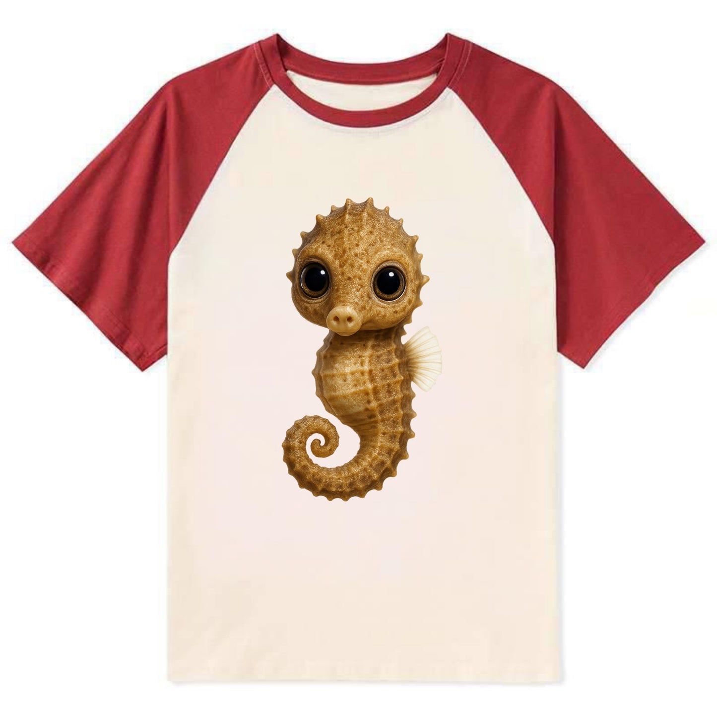 Baby Seahorse - curled tail, snout, large eyes, front-facing, delicate - Contrast Raglan T-shirt - Red