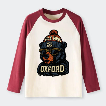 Oxford Black Bear wearing Ole Miss beanie with rebel patch - Raglan Long Sleeve T-Shirt - Red