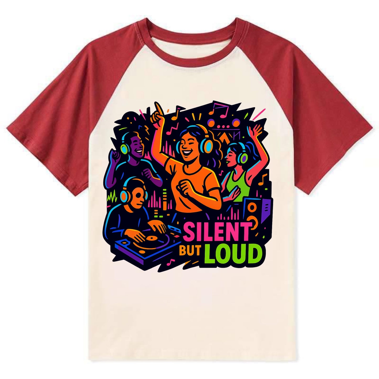 Silent disco dancers with glowing headphones - "Silent But Loud" - unique - Contrast Raglan T-shirt - Red