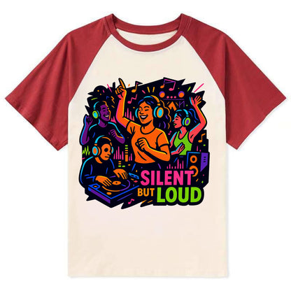 Silent disco dancers with glowing headphones - "Silent But Loud" - unique - Contrast Raglan T-shirt - Red