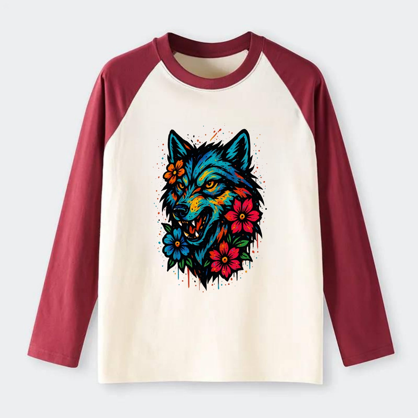 Floral Wolf Garden  - Raglan Long Sleeve T-Shirt - Red
