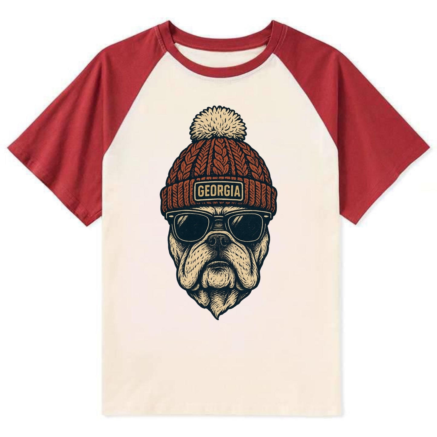 Athens Bulldog wearing Georgia beanie wi - Contrast Raglan T-shirt - Red