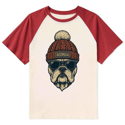 Athens Bulldog wearing Georgia beanie wi - Contrast Raglan T-shirt - Red