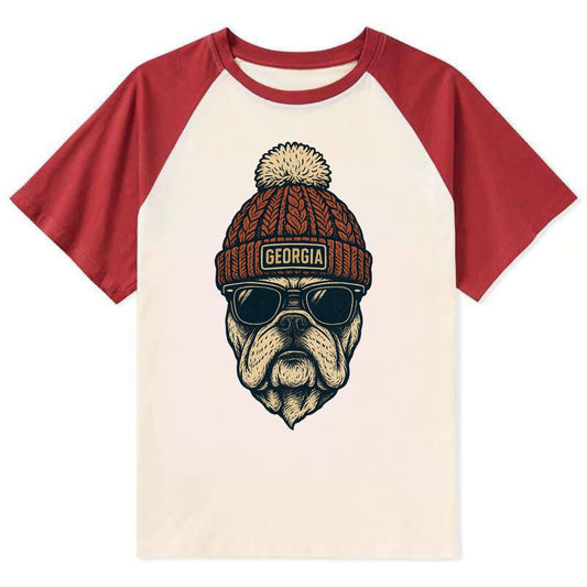 Athens Bulldog wearing Georgia beanie wi - Contrast Raglan T-shirt - Red