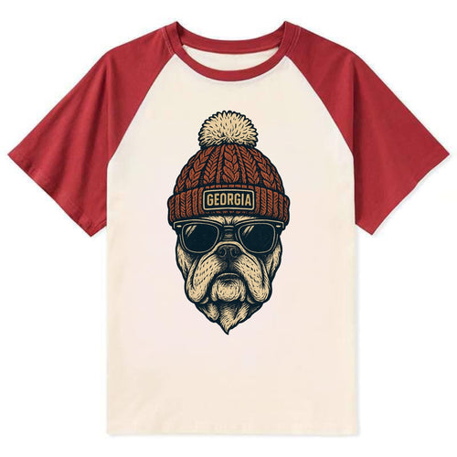 Athens Bulldog wearing Georgia beanie wi - Contrast Raglan T-shirt