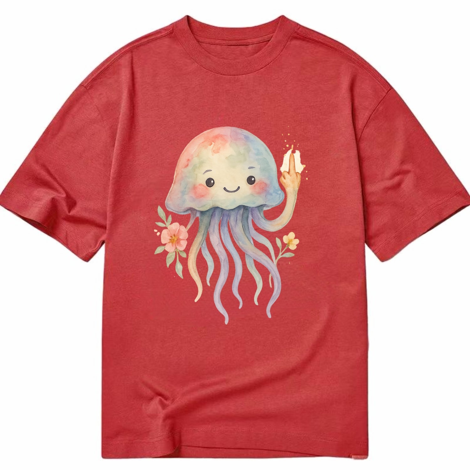 jellyfish with kawaii face and tentacles, one tentacle pointing up defiantly - Classic T-shirt - Red