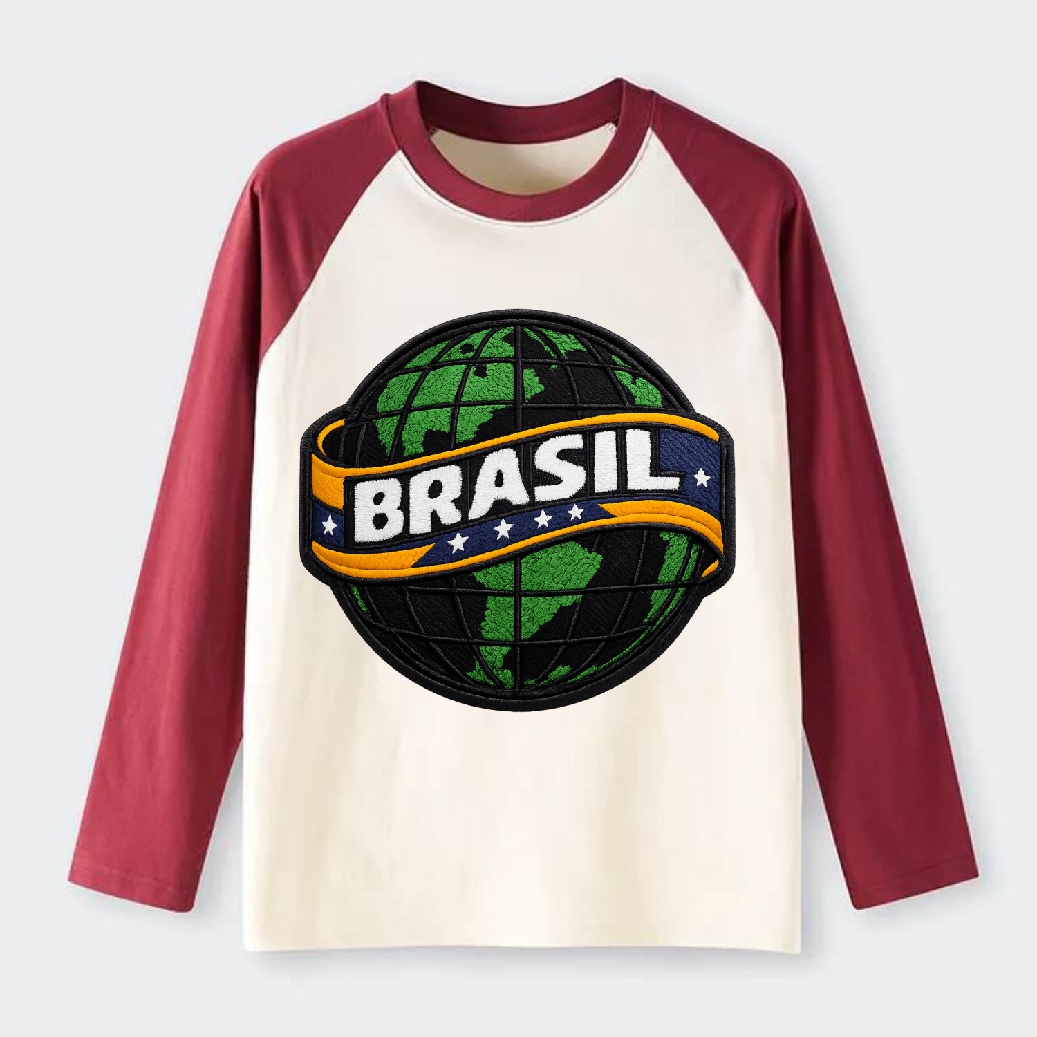BRAZILIAN FLAG GLOBE - green globe with banner in green yellow blue , - Raglan Long Sleeve T-Shirt - Red