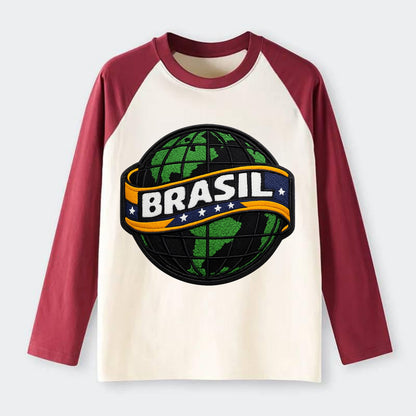 BRAZILIAN FLAG GLOBE - green globe with banner in green yellow blue , - Raglan Long Sleeve T-Shirt - Red