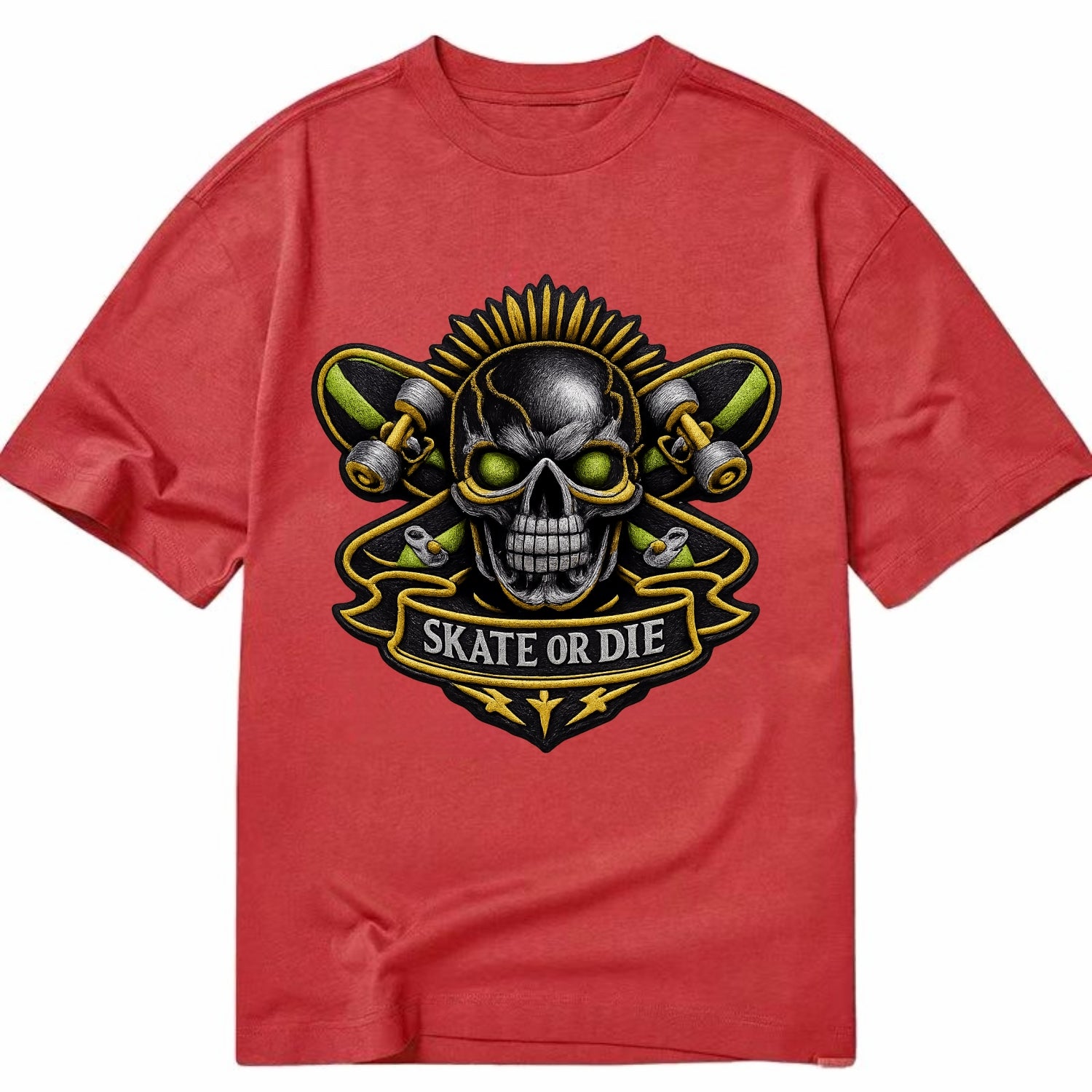 Embroidered patch design - SKATEBOARD SKULL - skull with skateboard in black and - Classic T-shirt - Red