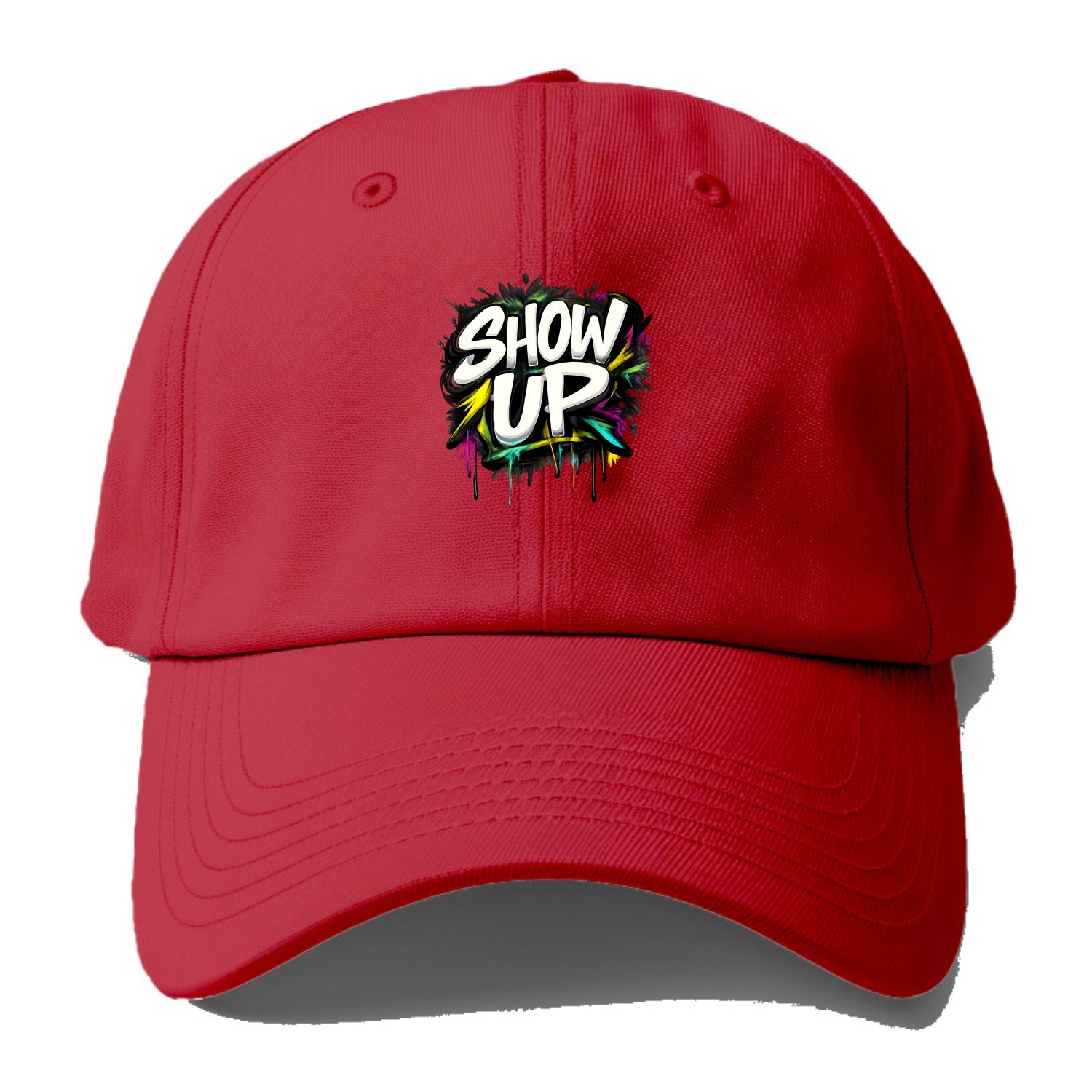 Bold typography design - "SHOW UP" - be present, arrive ready - Baseball Cap - Red