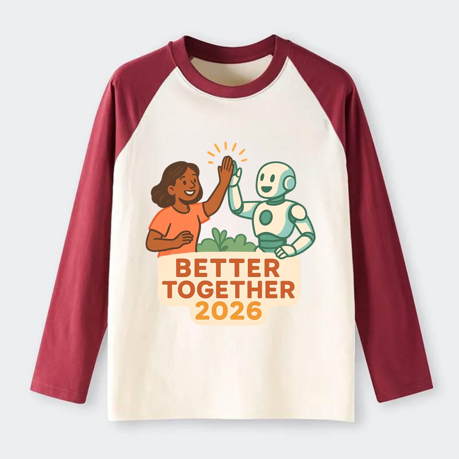 Human and AI robot high-fiving as collaborative partners - "Better - Raglan Long Sleeve T-Shirt - Red