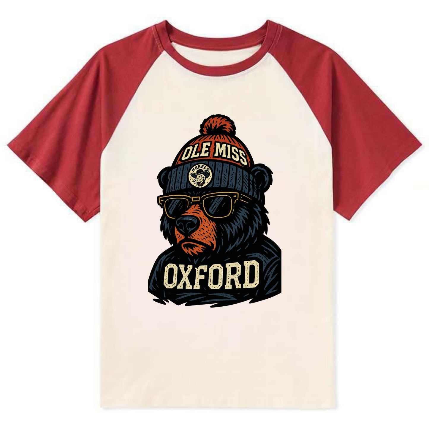 Oxford Black Bear wearing Ole Miss beanie with rebel patch - Contrast Raglan T-shirt - Red