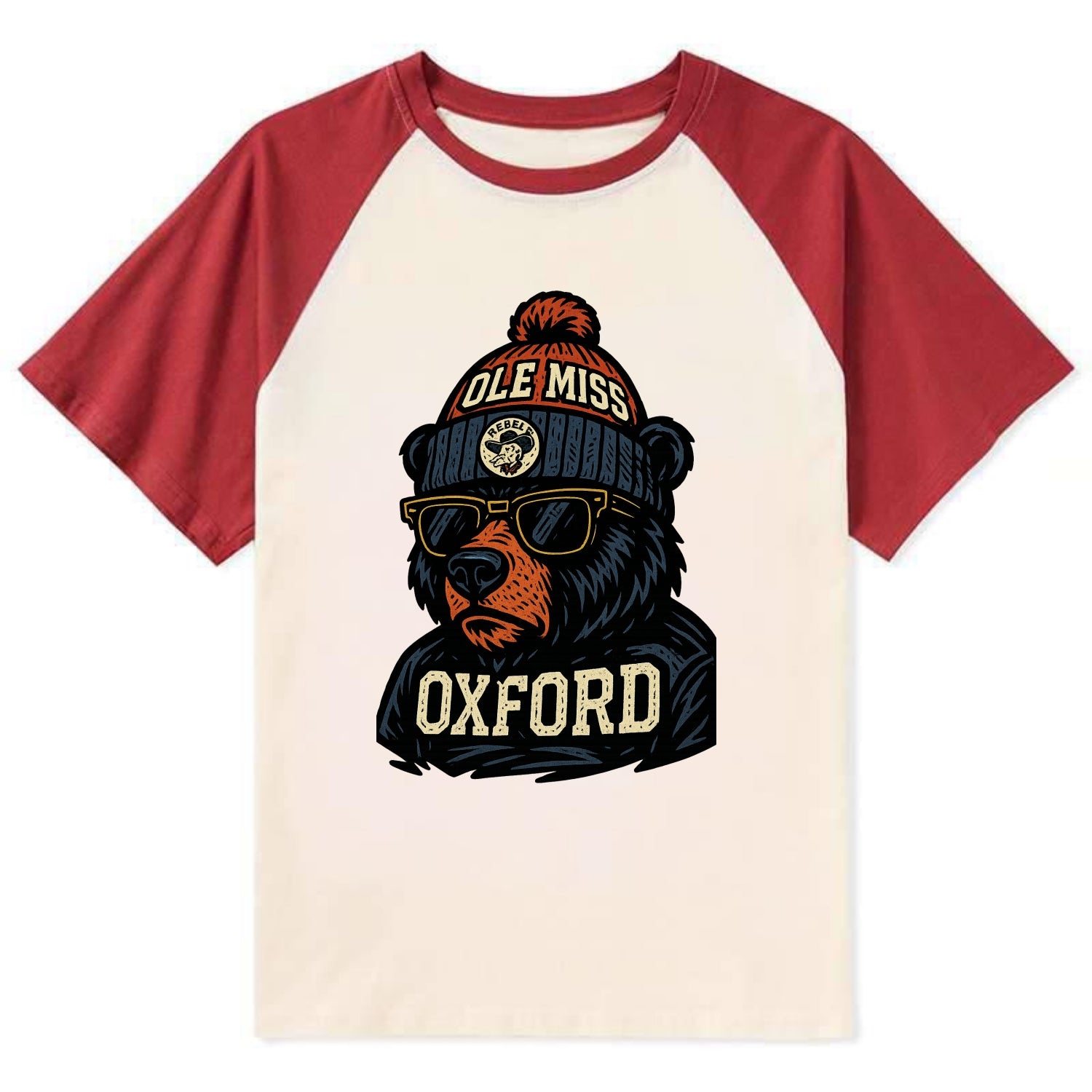 Oxford Black Bear wearing Ole Miss beanie with rebel patch - Contrast Raglan T-shirt - Red