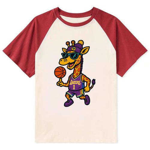 California Giraffe wearing Lakers beanie with palm tree patch and - Contrast Raglan T-shirt
