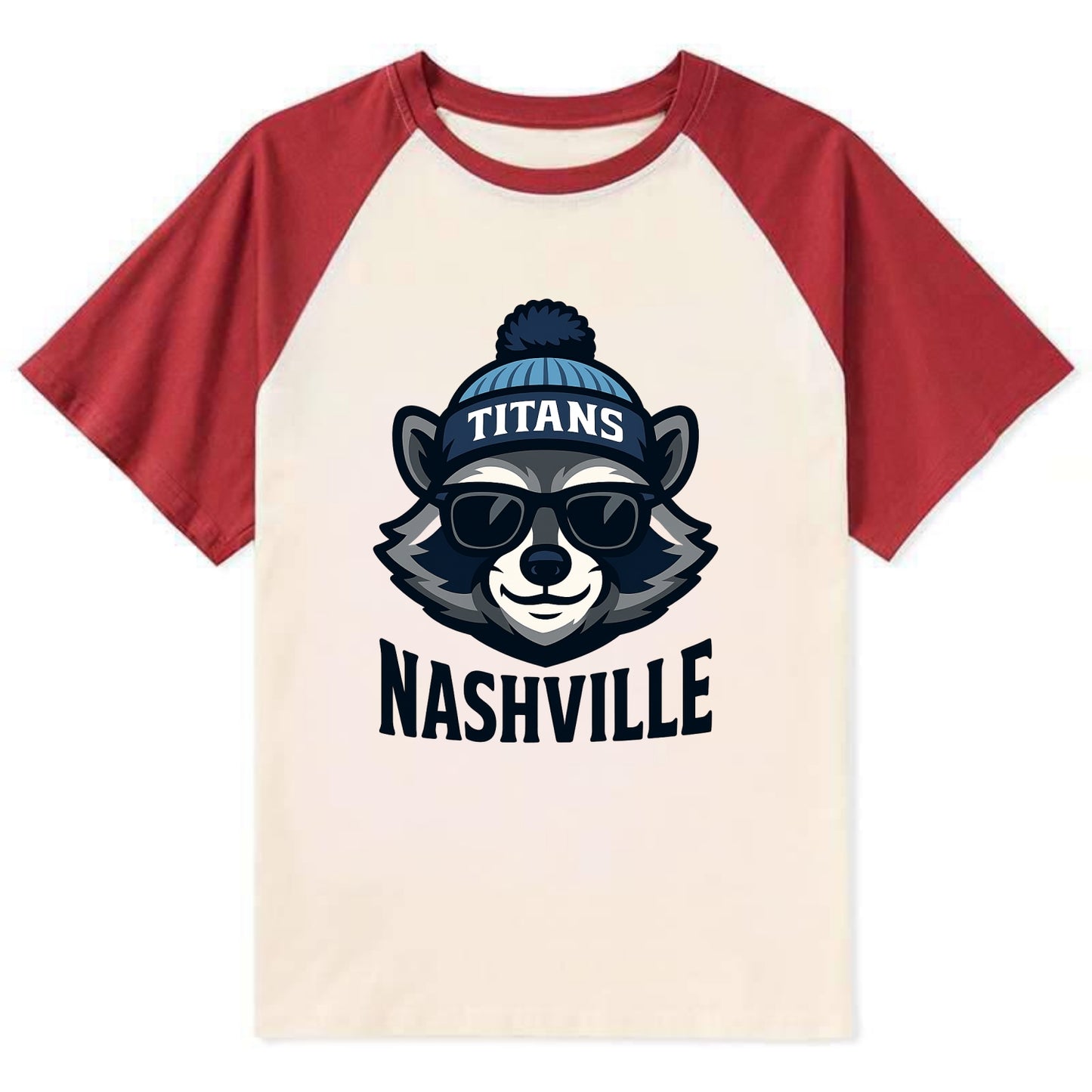 Nashville Raccoon wearing Titans navy and light blue beanie with pom pom - Contrast Raglan T-shirt - Red