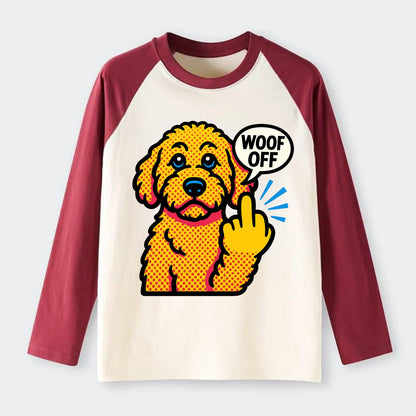 Goldendoodle with teddy bear face and curly golden coat, friendly paw - Raglan Long Sleeve T-Shirt - Red