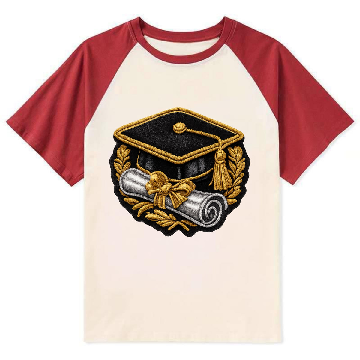 GRADUATION CAP - mortarboard with diploma in black and gold , achievement - Contrast Raglan T-shirt - Red