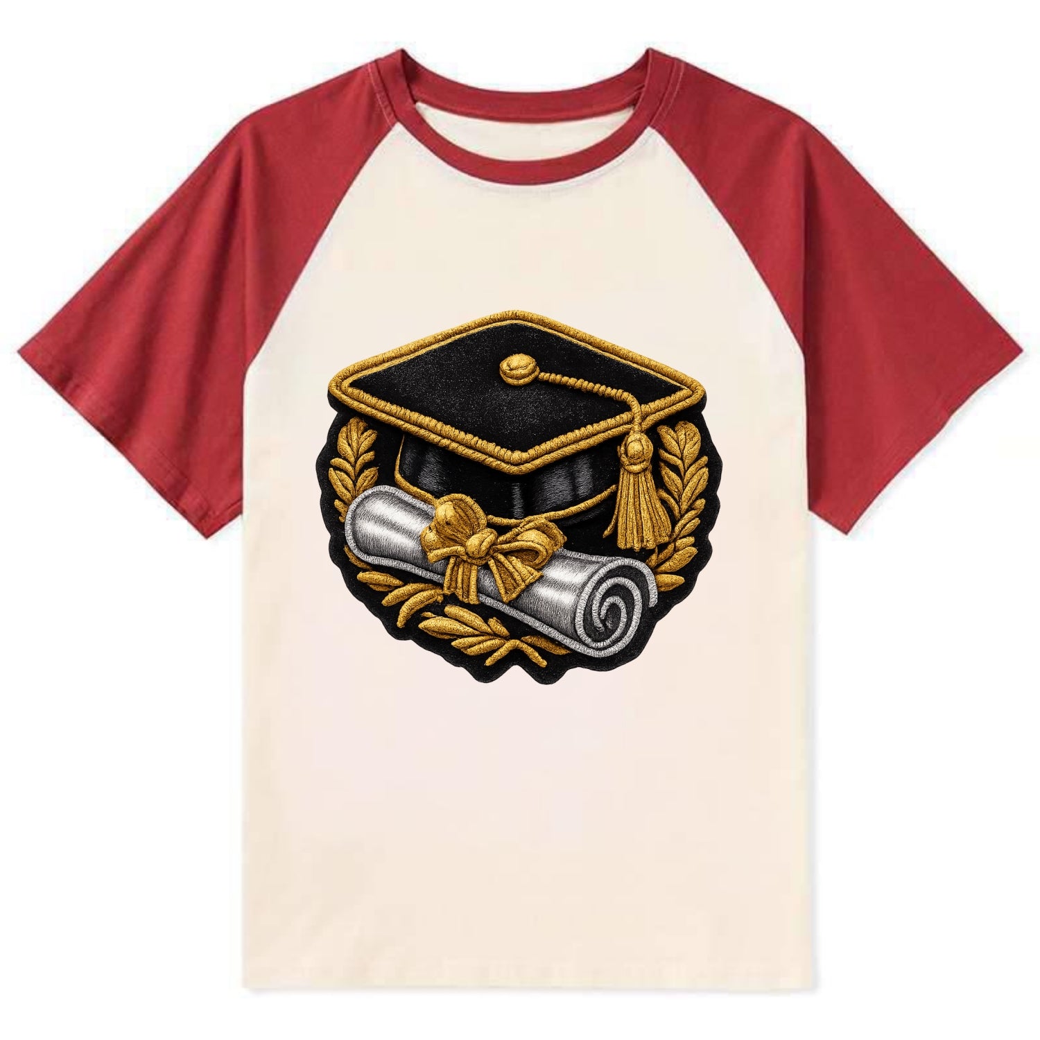 GRADUATION CAP - mortarboard with diploma in black and gold , achievement - Contrast Raglan T-shirt - Red