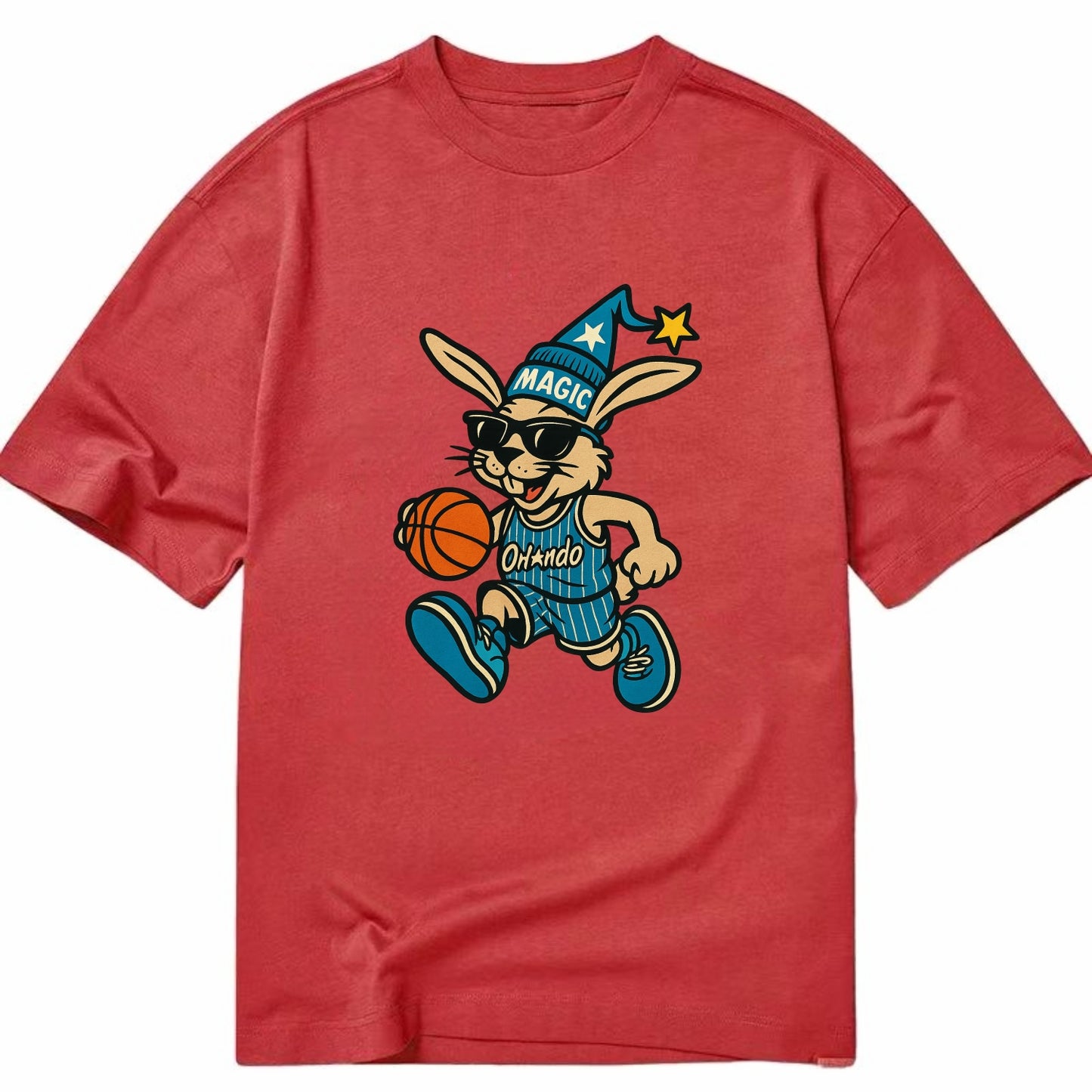 Orlando Rabbit wearing Magic blue and silver beanie with wizard hat and wayfarer - Classic T-shirt - Red
