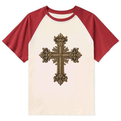 Victorian Cross  - Contrast Raglan T-shirt - Red
