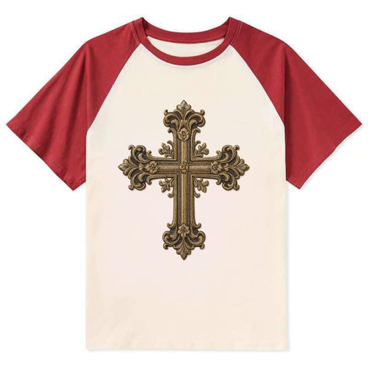Victorian Cross  - Contrast Raglan T-shirt - Red