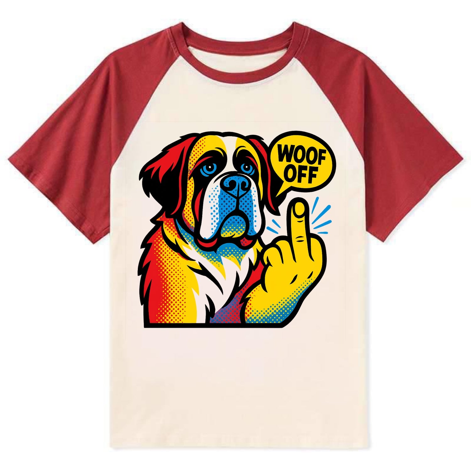 Saint Bernard with gentle giant face and droopy jowls, huge paw raised - Contrast Raglan T-shirt - Red
