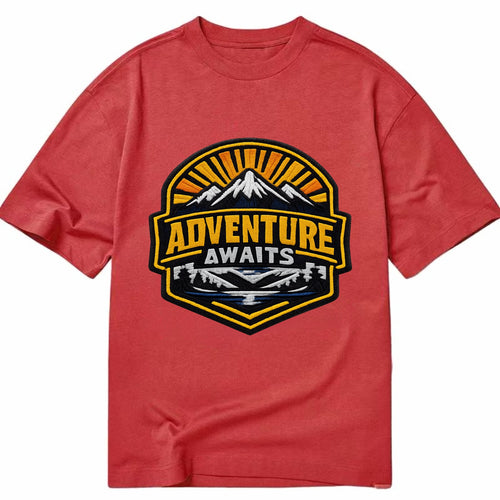 ADVENTURE AWAITS - mountain sunrise with text in gold and blue , wanderlust - Classic T-shirt