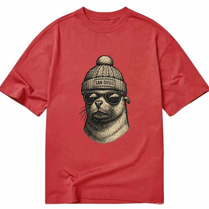 San Diego Sea Lion wearing San Diego beanie with pom pom and wayfarer sunglasses - Classic T-shirt - Red