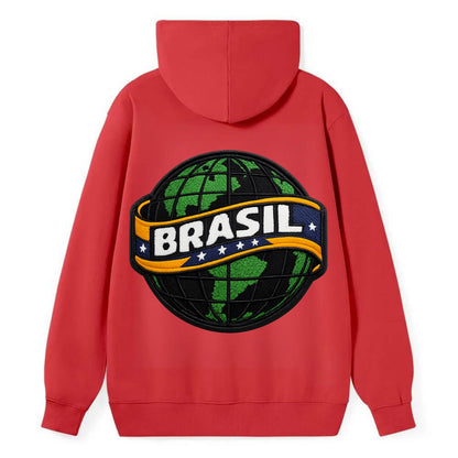 BRAZILIAN FLAG GLOBE - green globe with banner in green yellow blue , - Classic Pullover Hoodie - Red