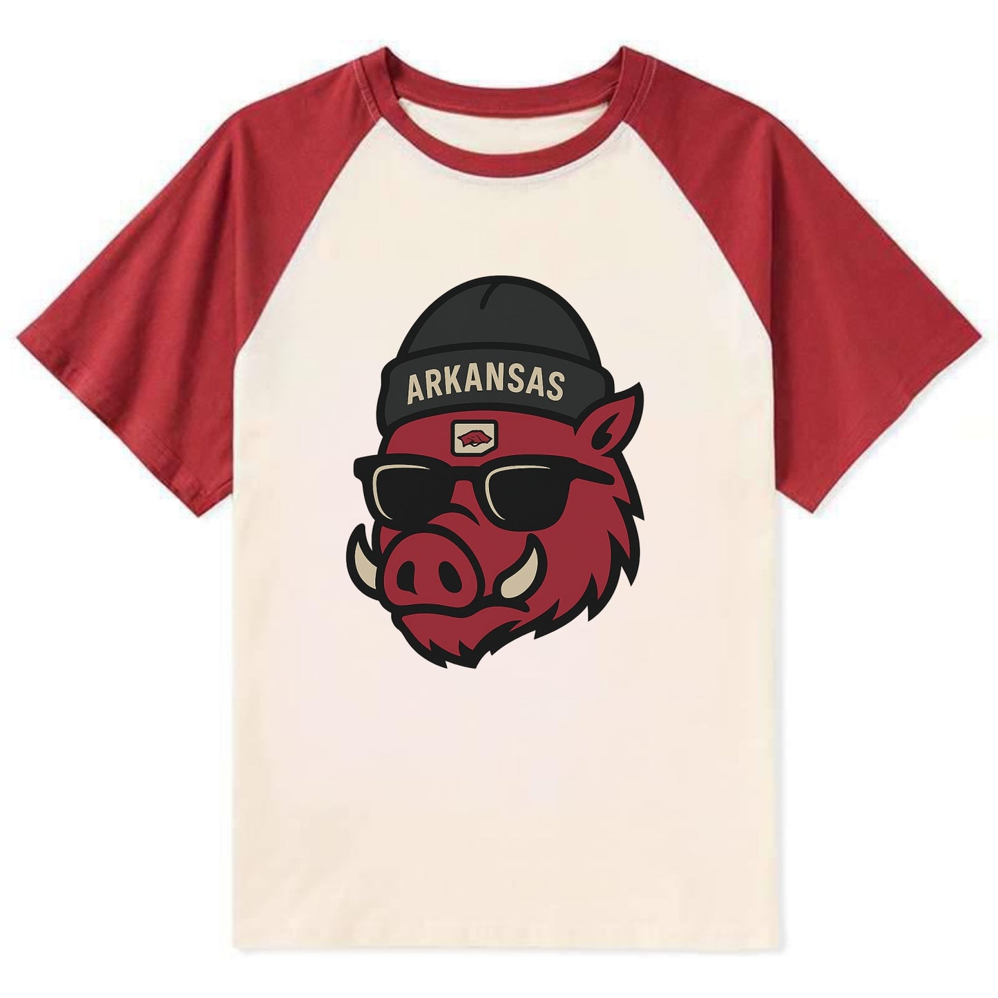 Fayetteville Razorback wearing Arkansas beanie with hog patch - Contrast Raglan T-shirt - Red